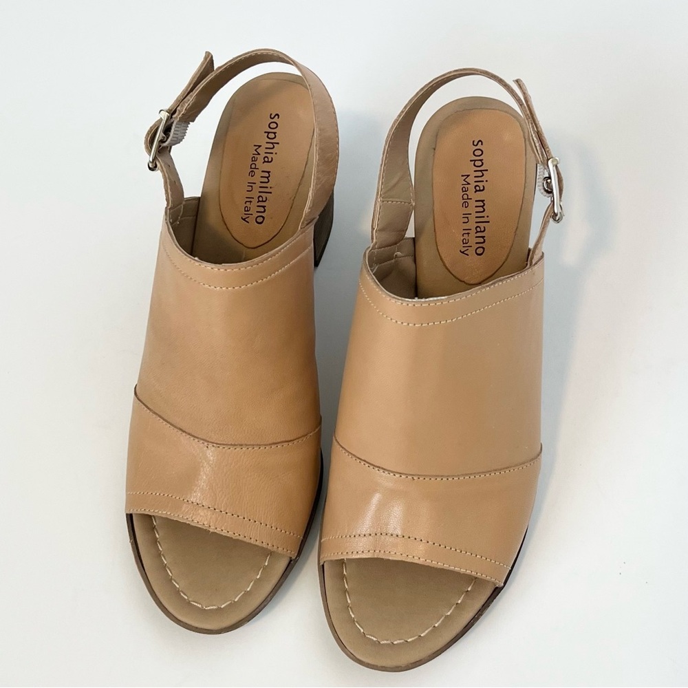 Sophia Milano tan leather mule clogs Open toe heels Sling back heeled sandals - Picture 3 of 9